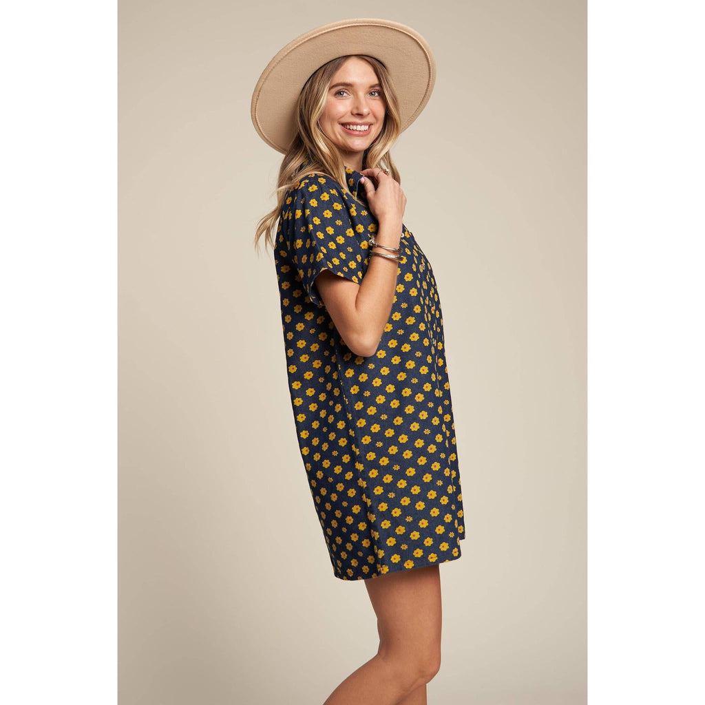 Yellow Flowers Button Down Denim Shirt Dress | Fashion Mini Dress [Available in SM]