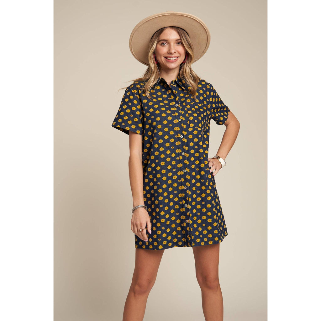 Yellow Flowers Button Down Denim Shirt Dress | Fashion Mini Dress [Available in SM]