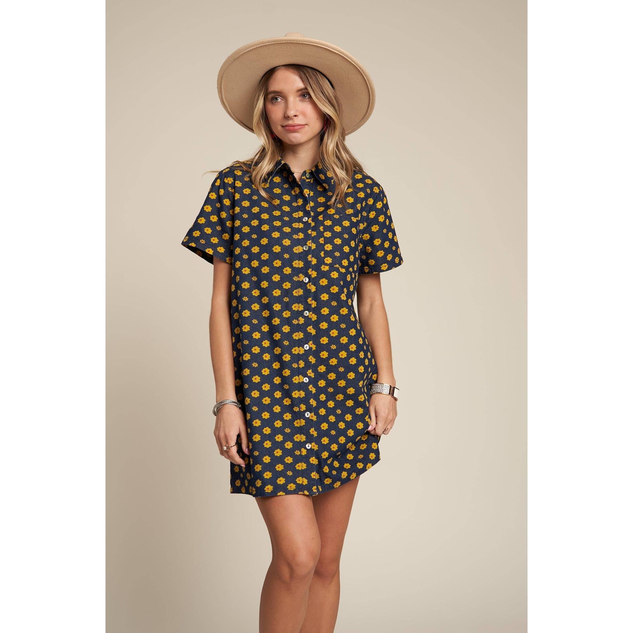 Yellow Flowers Button Down Denim Shirt Dress | Fashion Mini Dress [Available in SM]