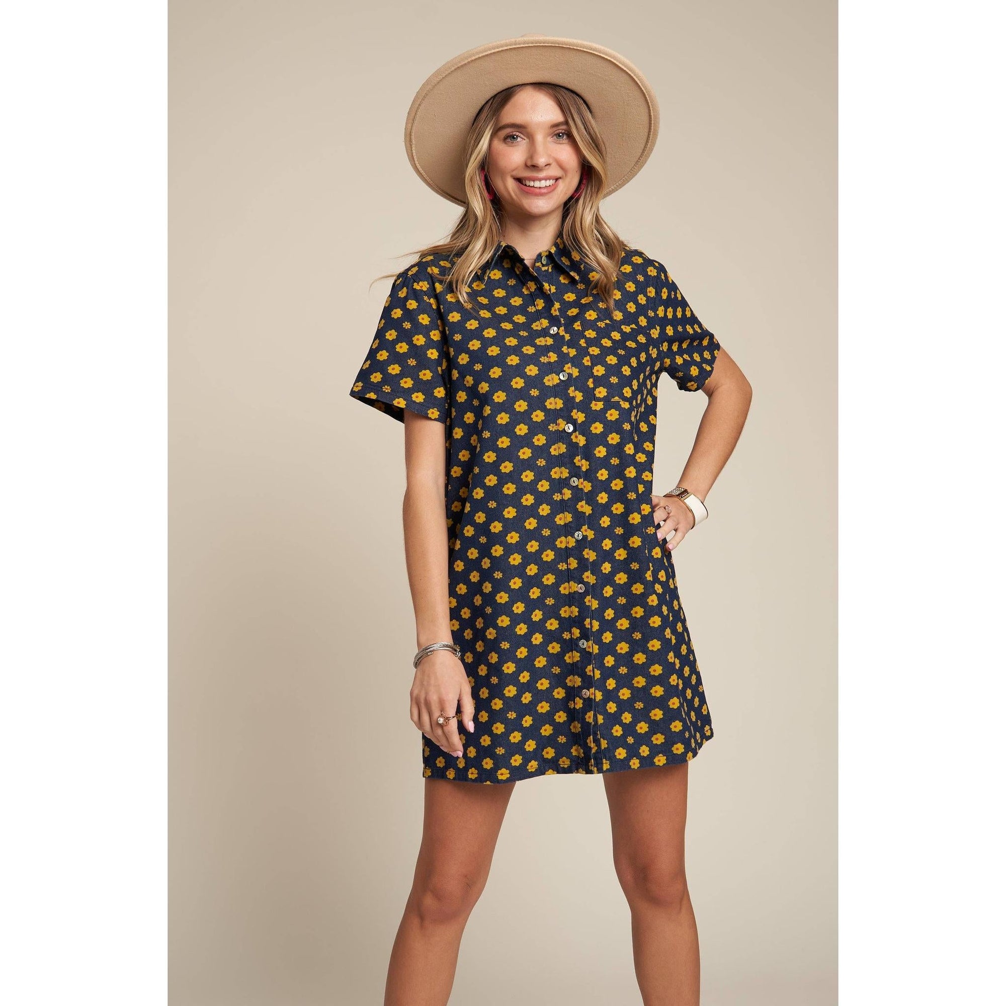 Yellow Flowers Button Down Denim Shirt Dress | Fashion Mini Dress [Available in SM,M]