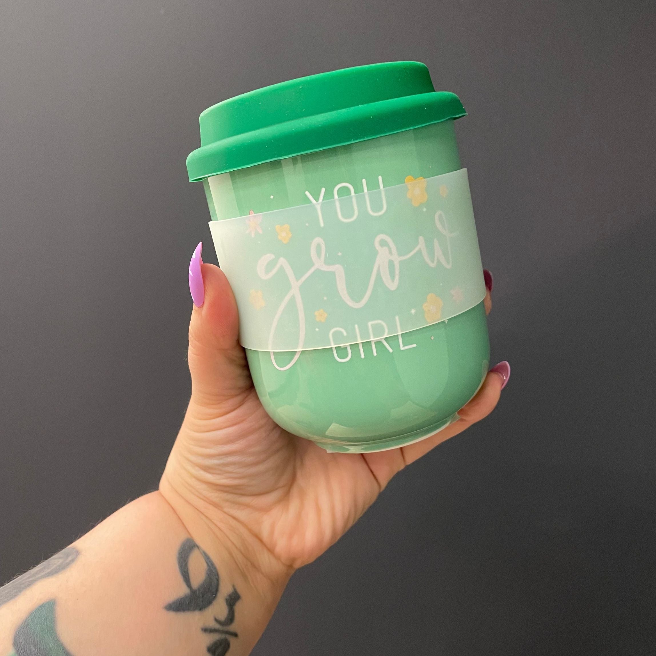 You Grow Girl Ceramic To Go Mug | Holds 16 oz. | Eco Mug with Silicone Lid and Sleeve