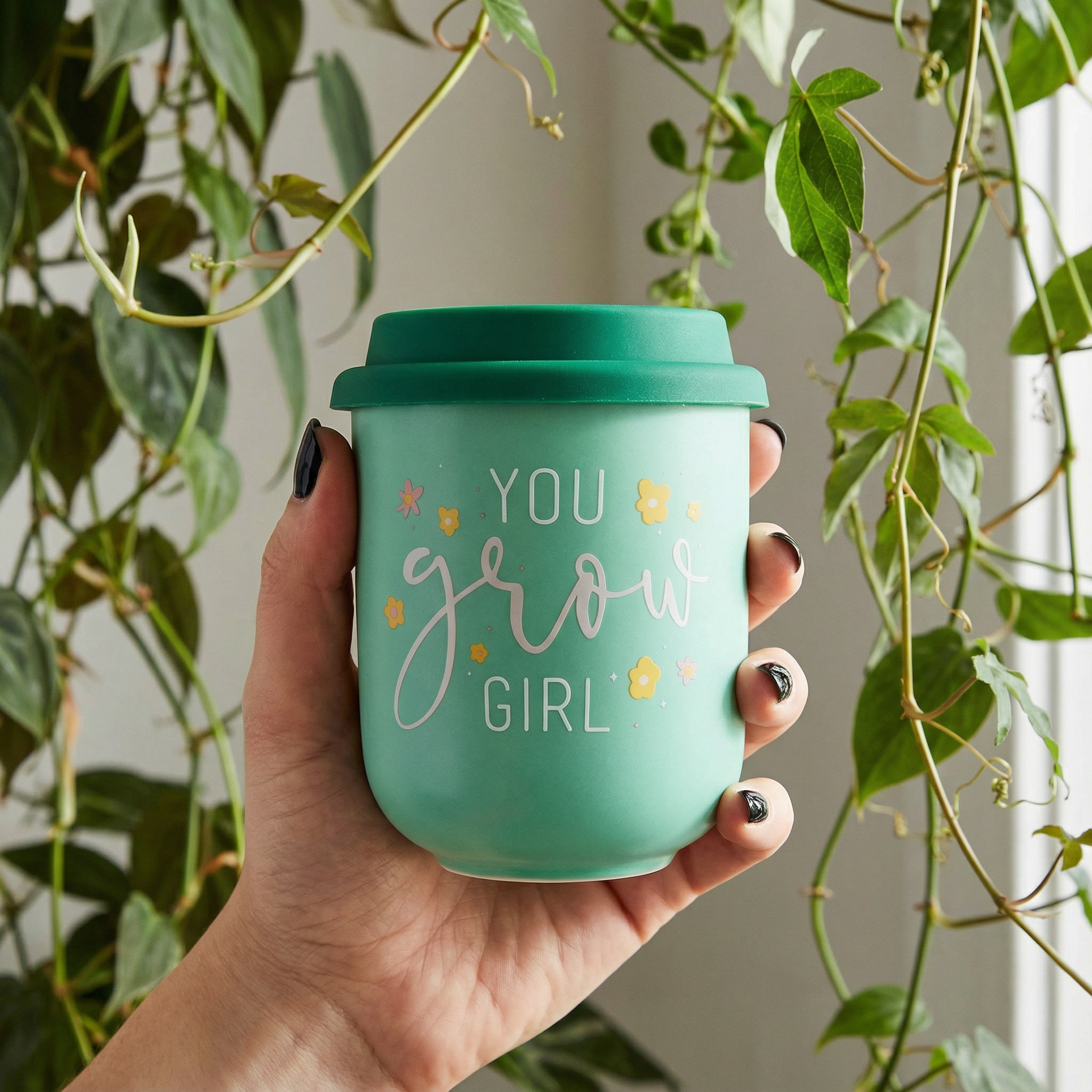 You Grow Girl Ceramic To Go Mug | Holds 16 oz. | Eco Mug with Silicone Lid and Sleeve