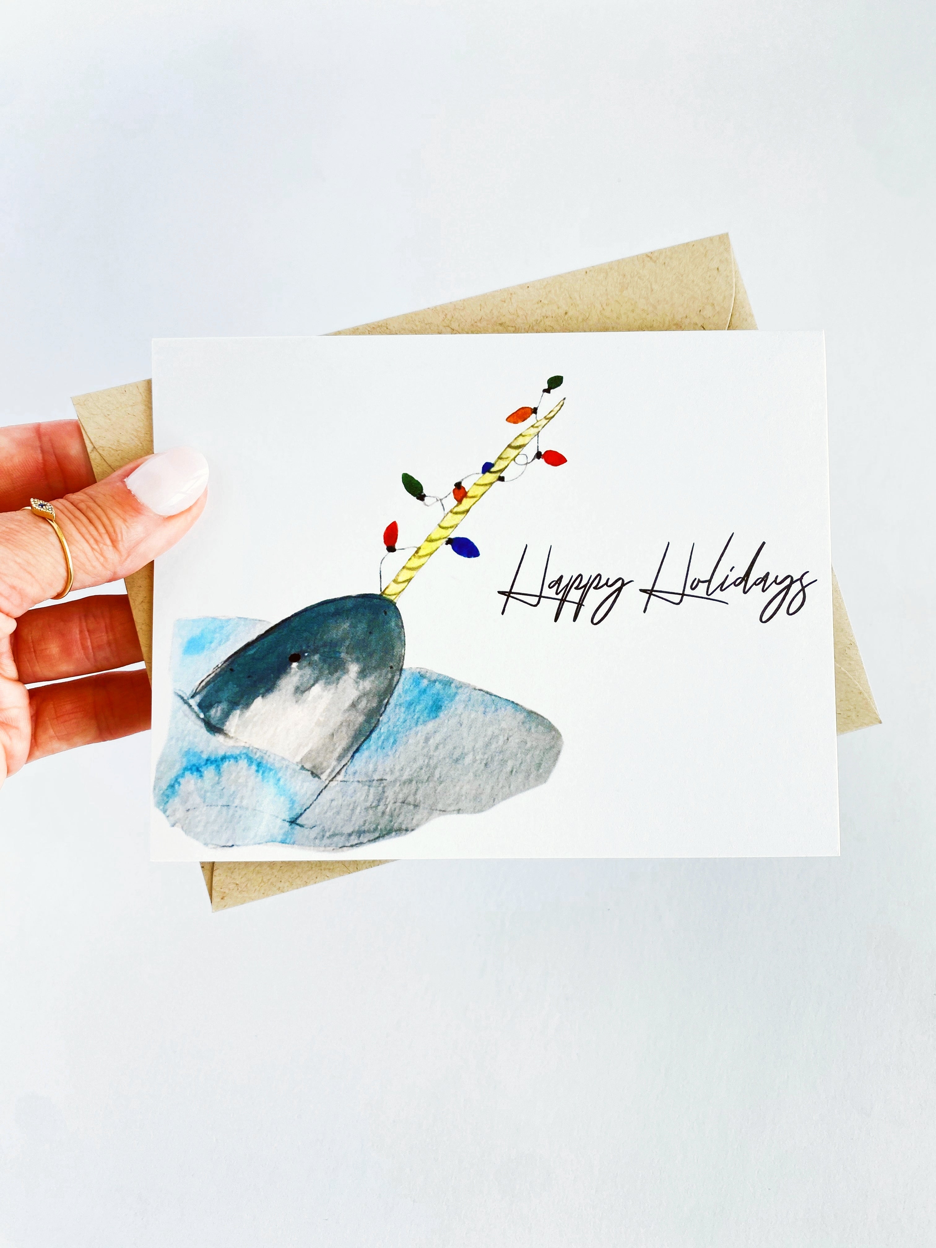 Festive Narwhal Holiday Card Set, Unique Watercolor Narwhal Card