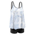 Blue floral Plus Size Women's Tankini 2-Piece Swimsuit - Light blue and white top with black shorts