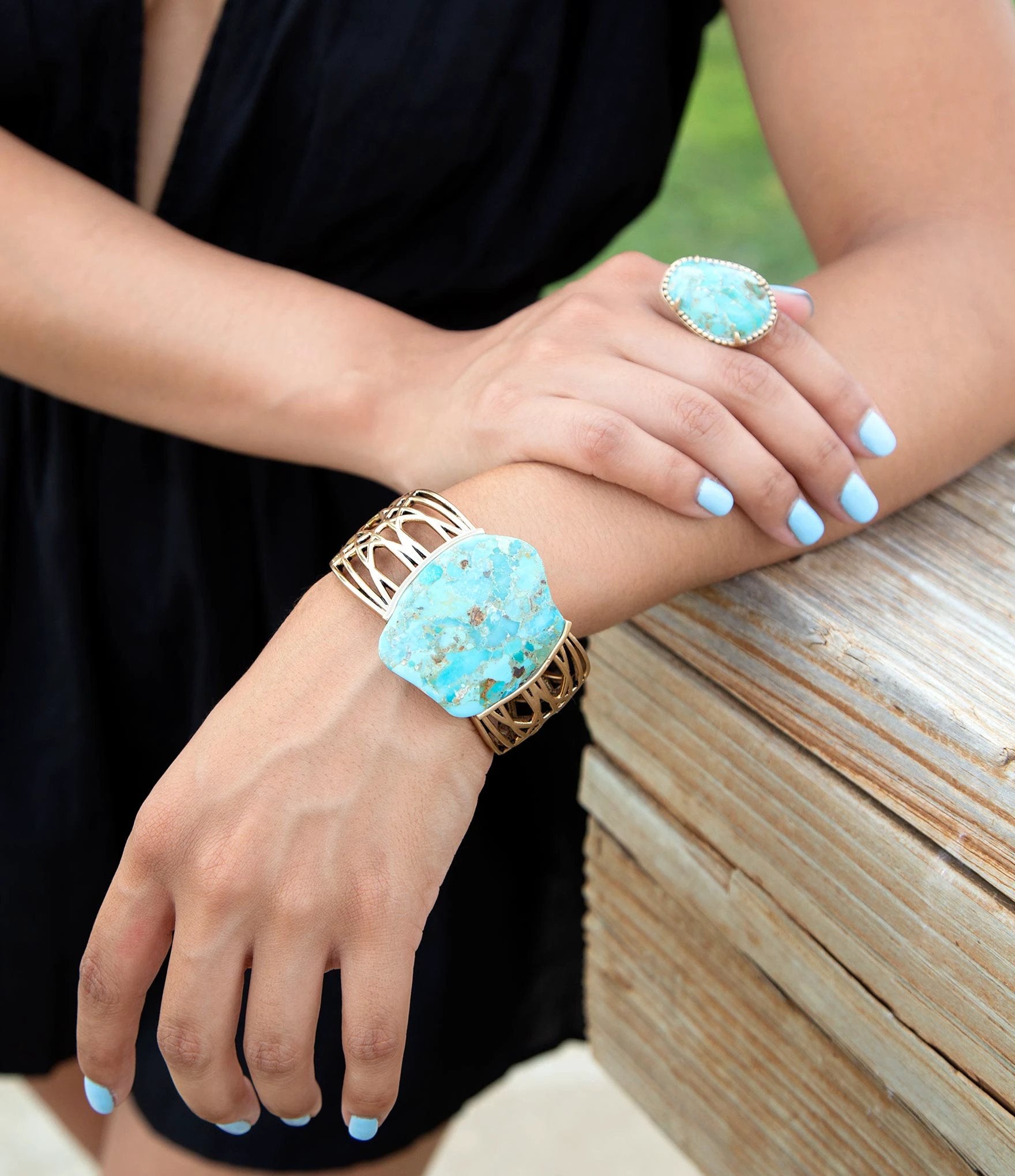 Abstract Blue Turquoise Golden Statement Cuff by Barse Jewelry