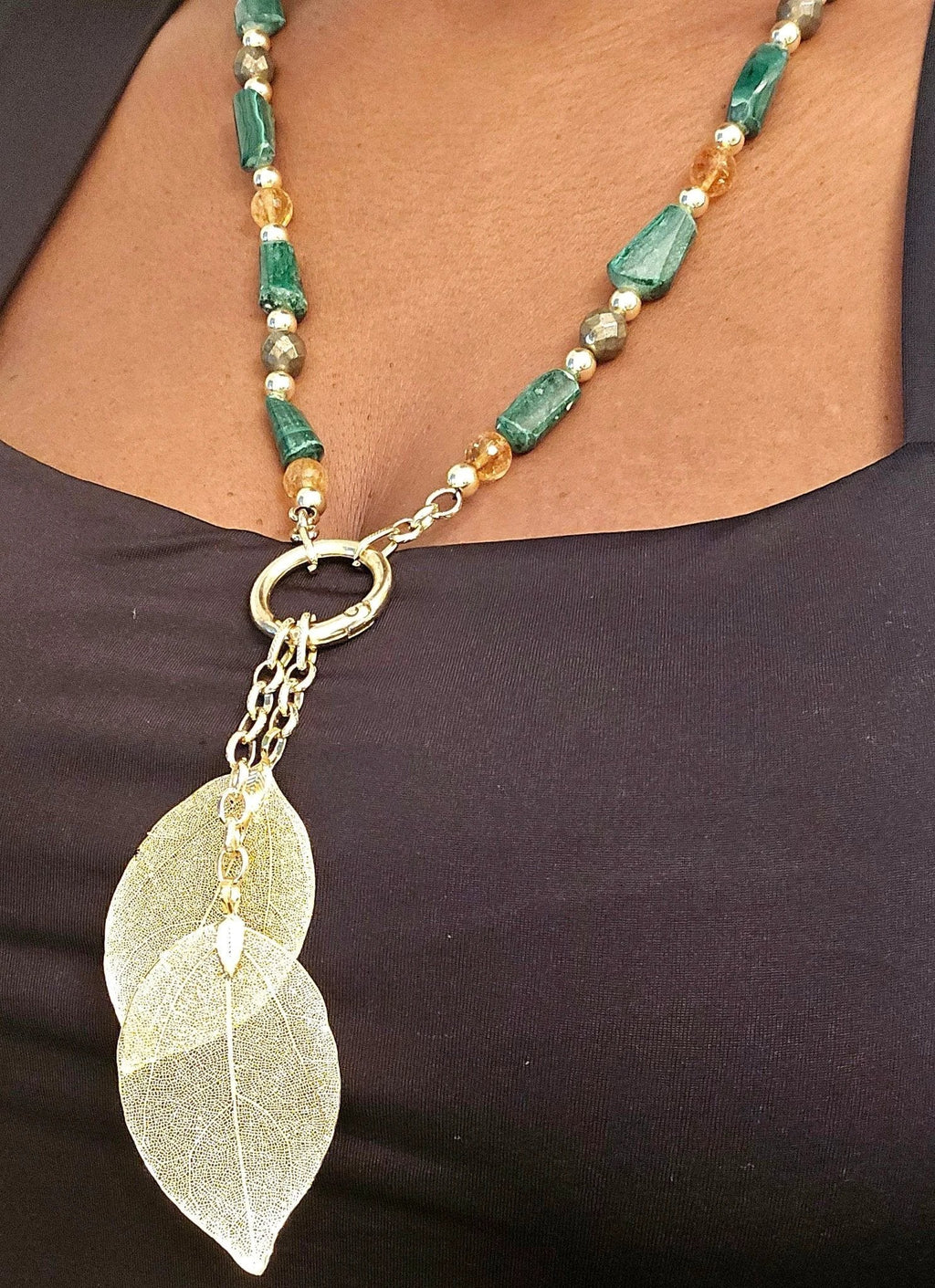 "Abundance Of Wealth" Necklace |Malachite , Citrine, and Pyrite