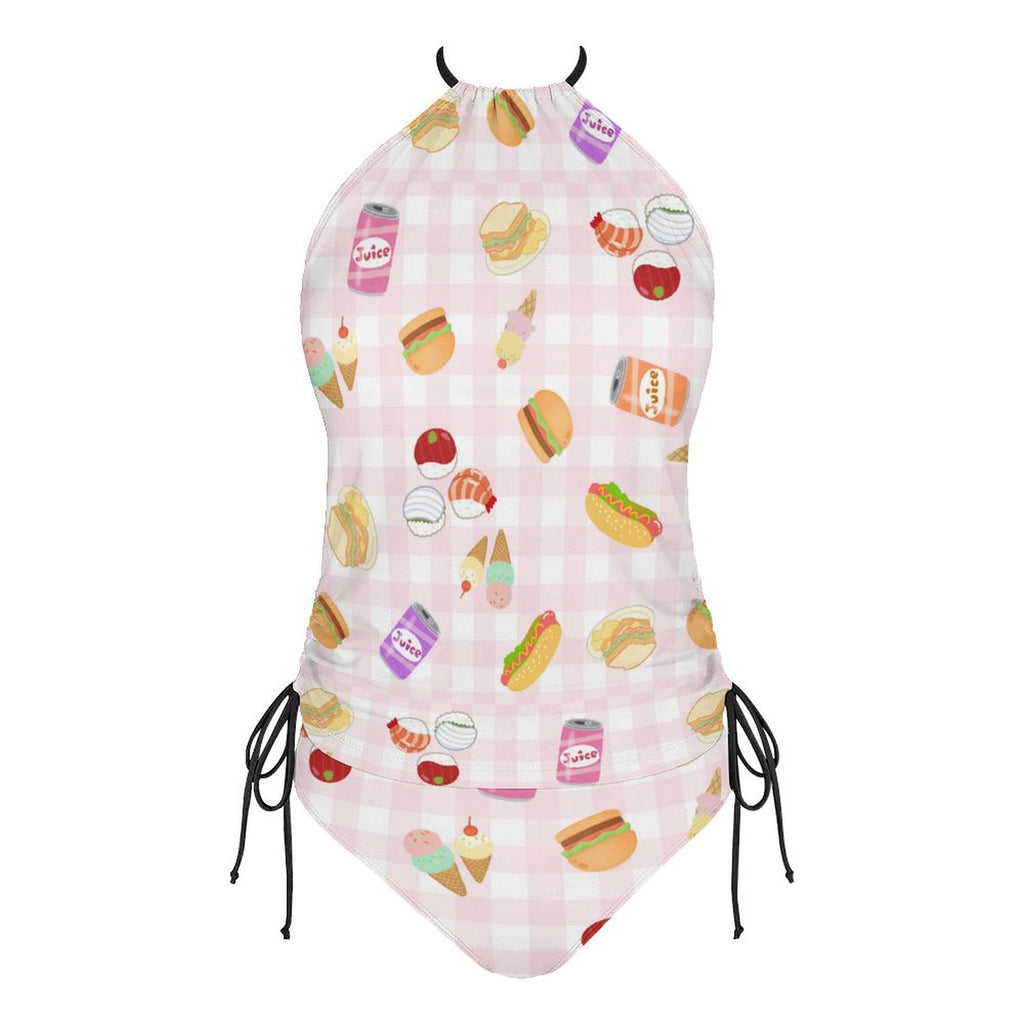 Pink gingham foodie print 2-Piece Women's Tankini Set with High Neck Halter Top with juice cans, sushi, hot dogs and hamburgers