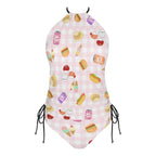 Pink gingham foodie print 2-Piece Women's Tankini Set with High Neck Halter Top with juice cans, sushi, hot dogs and hamburgers