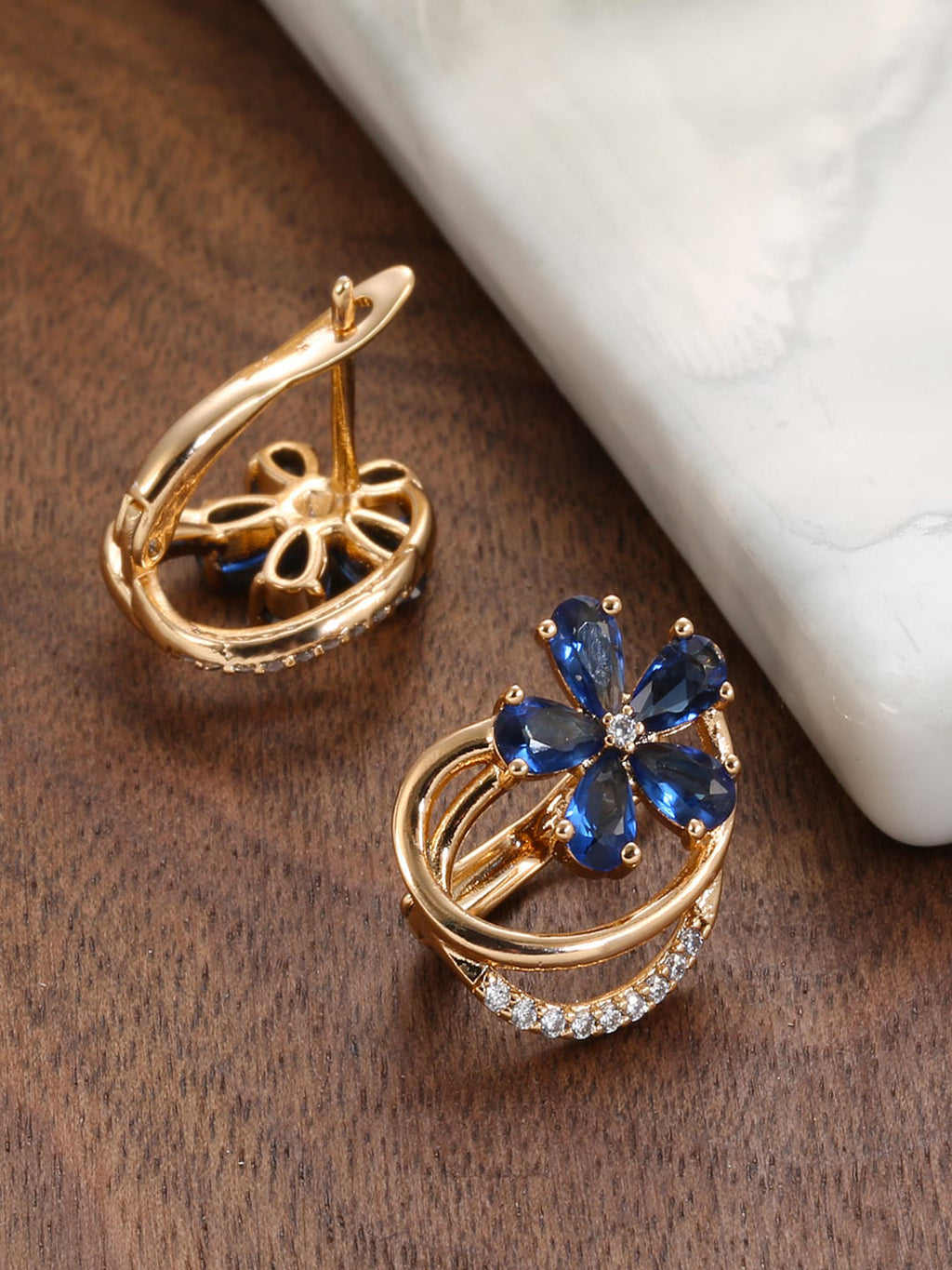 Shining Diva Rose Gold-Polished Blue Floral Studs Earrings