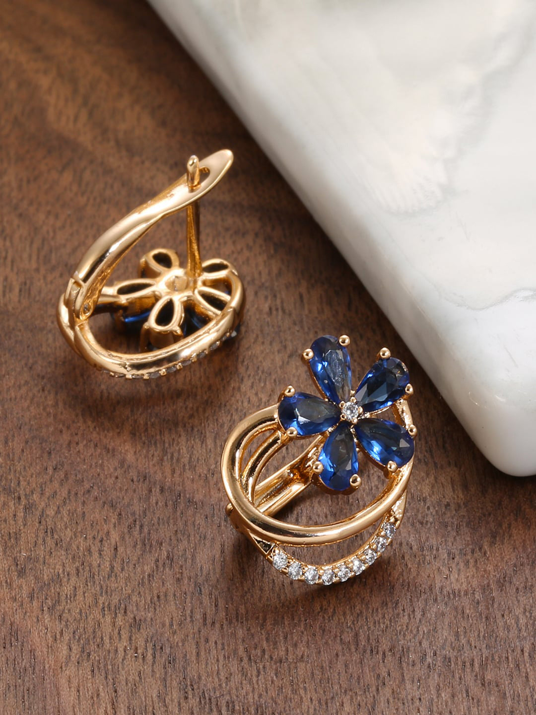 Shining Diva Rose Gold-Polished Blue Floral Studs Earrings