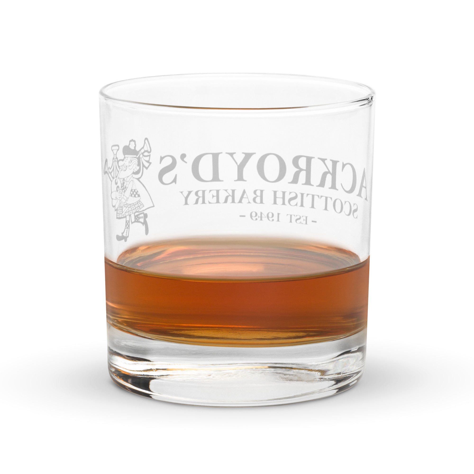 Ackroyd's Bagpiper Logo Rocks glass