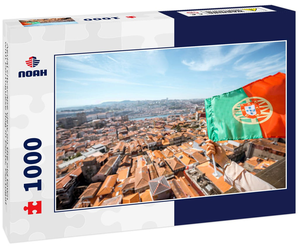 Aerial cityscape view on the old town with Portuguese flag in Porto, Portugal 1000pc Puzzle La Vie Bien Aerial cityscape view on the old town with Portuguese flag in Porto, Portugal 1000pc Puzzle