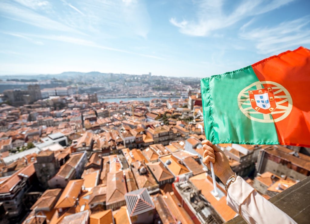 Aerial cityscape view on the old town with Portuguese flag in Porto, Portugal 1000pc Puzzle La Vie Bien Aerial cityscape view on the old town with Portuguese flag in Porto, Portugal 1000pc Puzzle