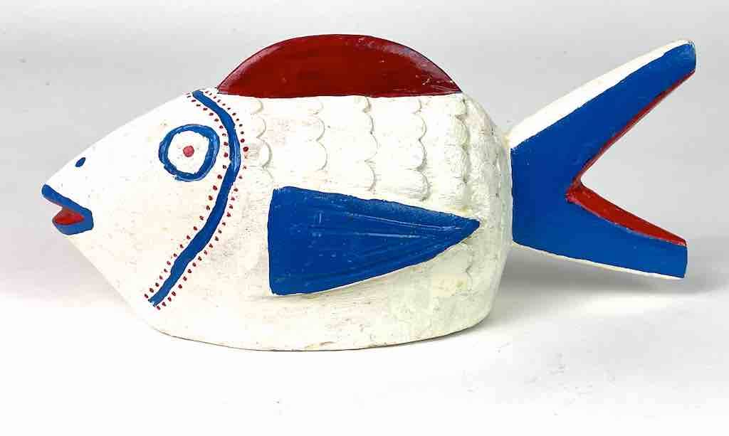 African Ceremonial Bozo Fish Puppet Sculpture - White with Red & Blue - 12" Home Decor La Vie Bien African Ceremonial Bozo Fish Puppet Sculpture - White with Red & Blue - 12"