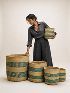 African Iringa woven basket with Turquoise Stripe La Vie Bien African Iringa woven basket with Turquoise Stripe