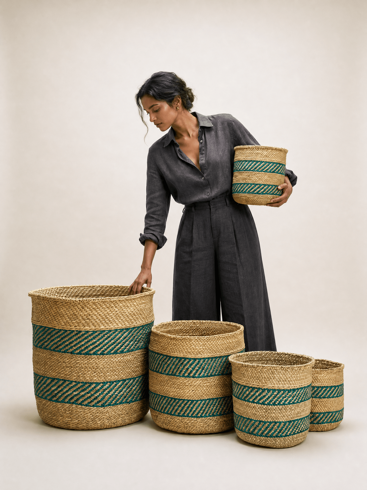 African Iringa woven basket with Turquoise Stripe La Vie Bien African Iringa woven basket with Turquoise Stripe
