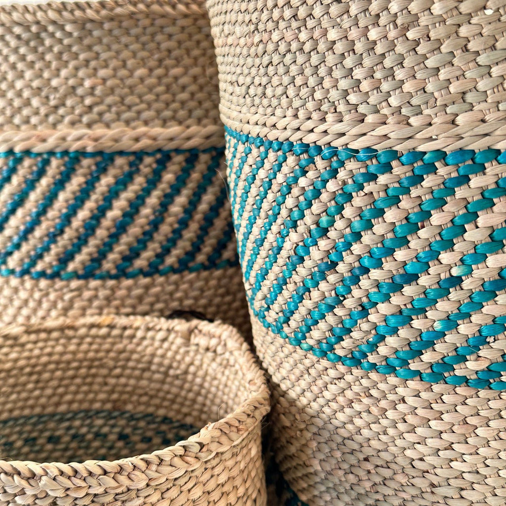 African Iringa woven basket with Turquoise Stripe La Vie Bien African Iringa woven basket with Turquoise Stripe