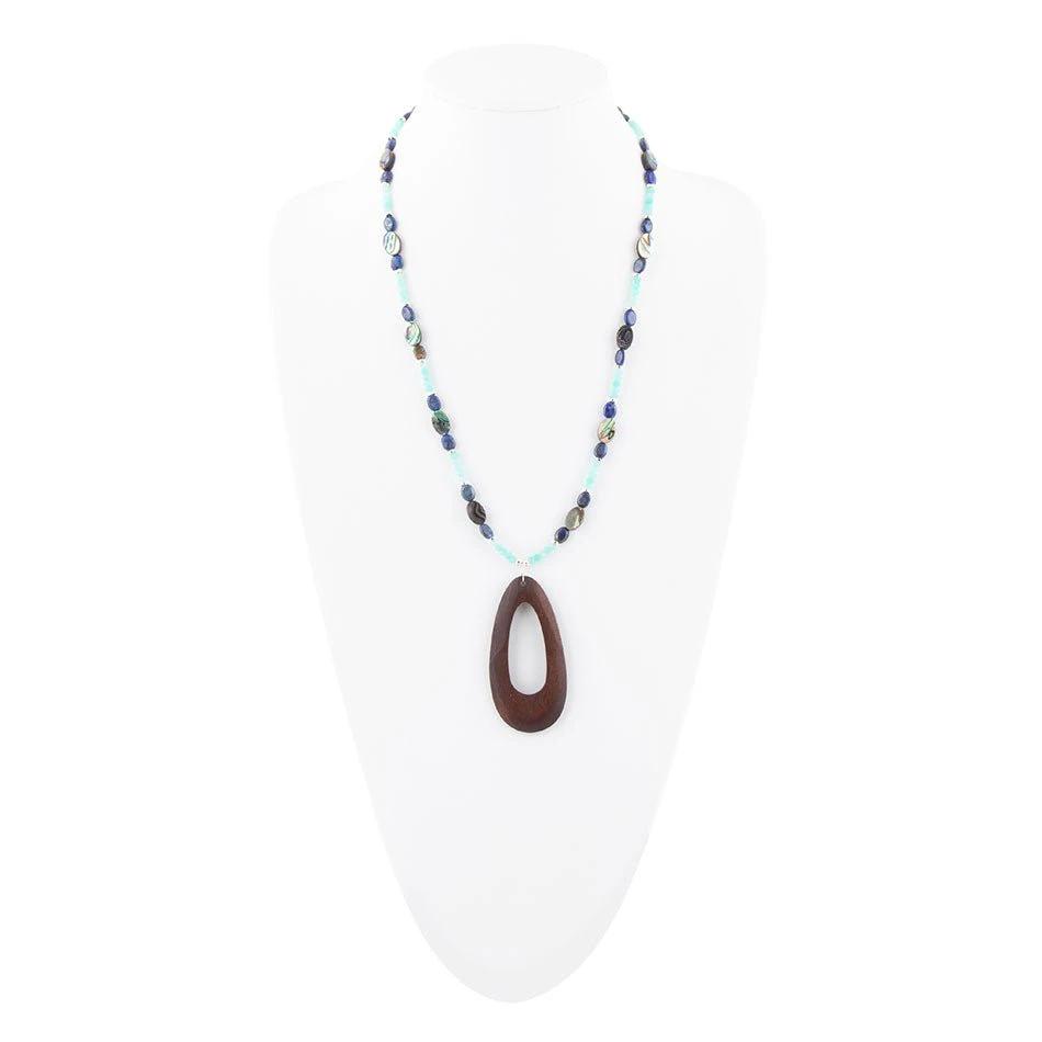 Ajo Blue Abalone and Amazonite Wood Pendant Necklace by Barse Jewelry