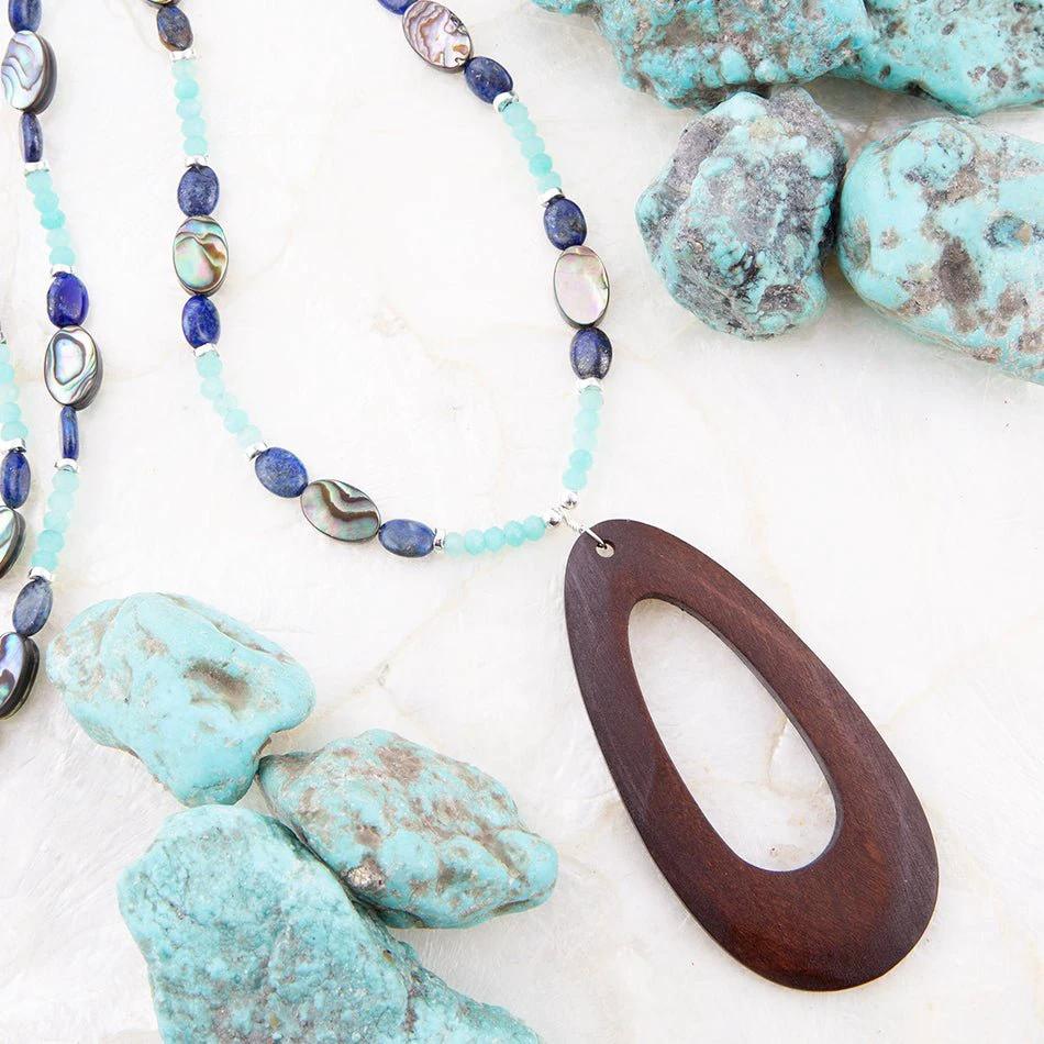 Ajo Blue Abalone and Amazonite Wood Pendant Necklace by Barse Jewelry
