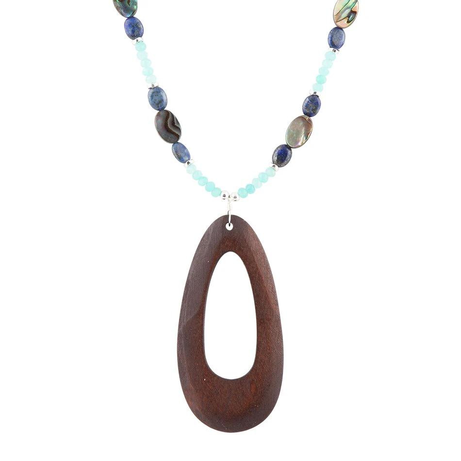 Ajo Blue Abalone and Amazonite Wood Pendant Necklace by Barse Jewelry
