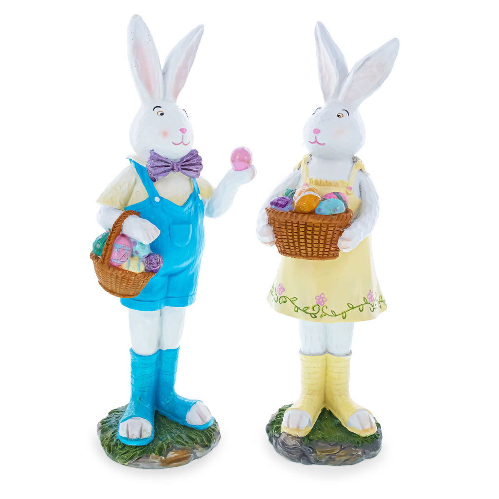 Set of 2 Resin Spring Bunnies With Eggs Figurine Centerpiece Display 12 Inches Tall