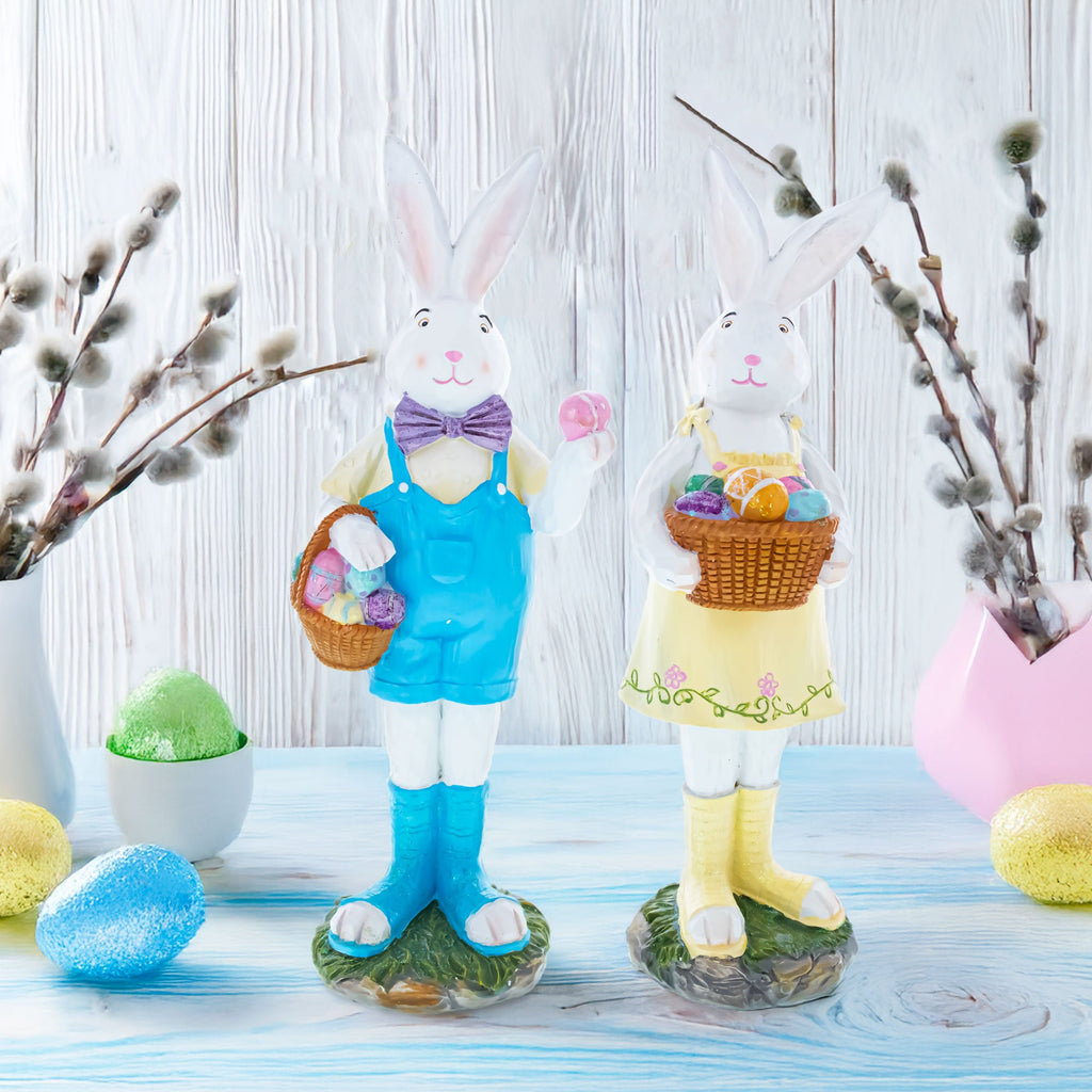 Set of 2 Resin Spring Bunnies With Eggs Figurine Centerpiece Display 12 Inches Tall