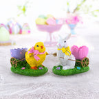 Set of 2 Easter Bunny and Chick Figurine Set - 5" Spring Egg Holder Decor