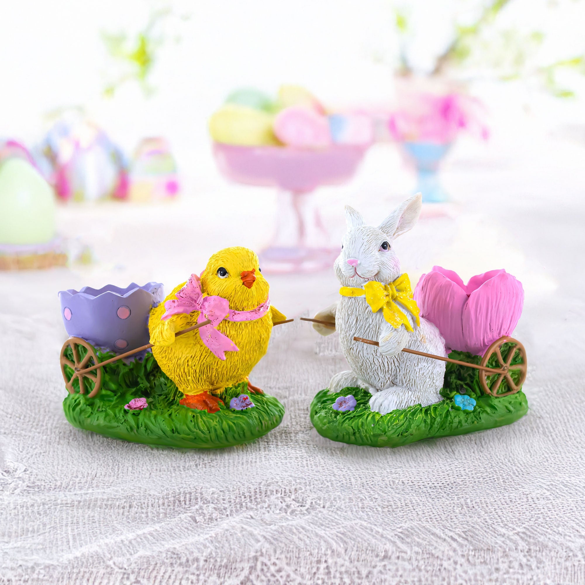 Set of 2 Easter Bunny and Chick Figurine Set - 5" Spring Egg Holder Decor