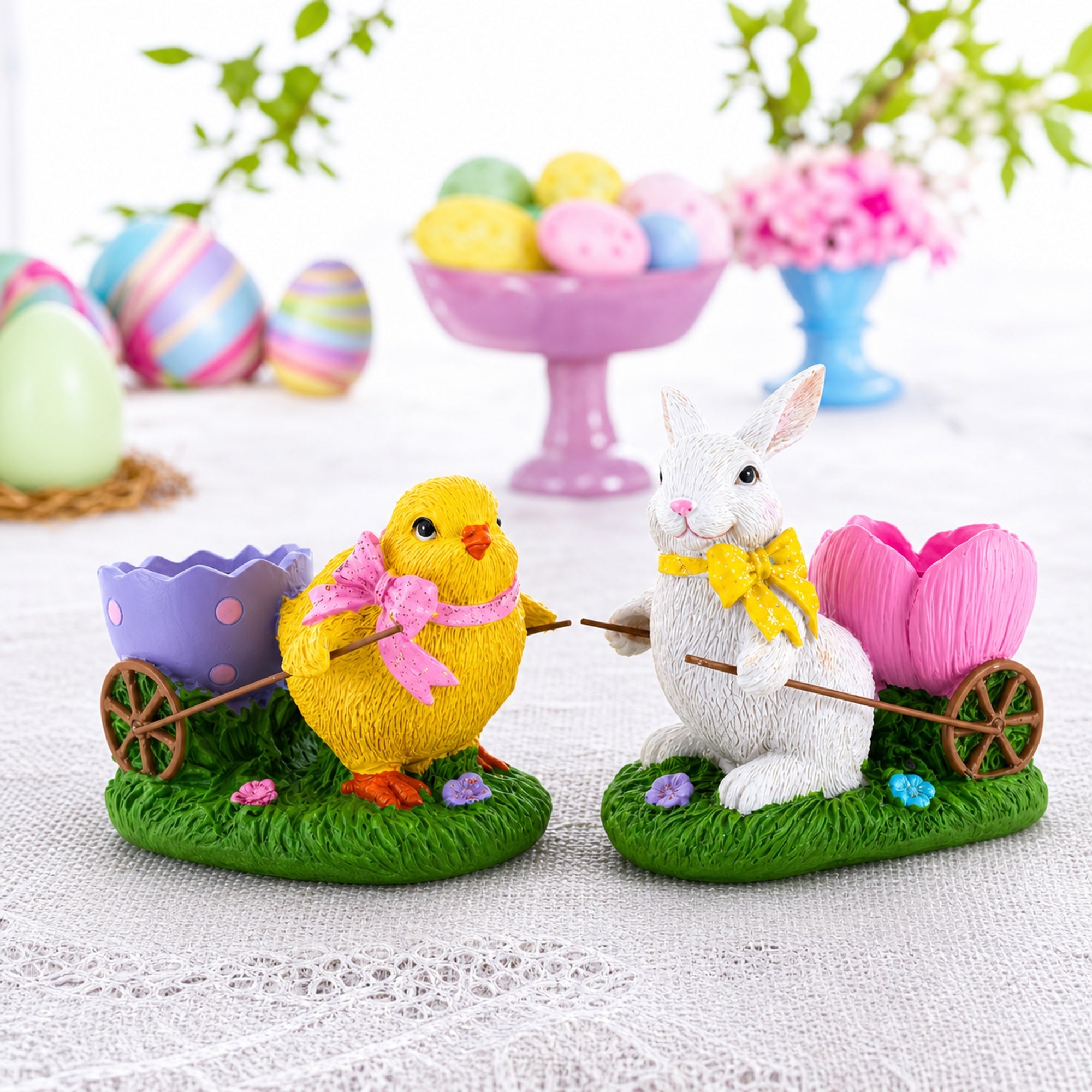 Set of 2 Easter Bunny and Chick Figurine Set - 5" Spring Egg Holder Decor