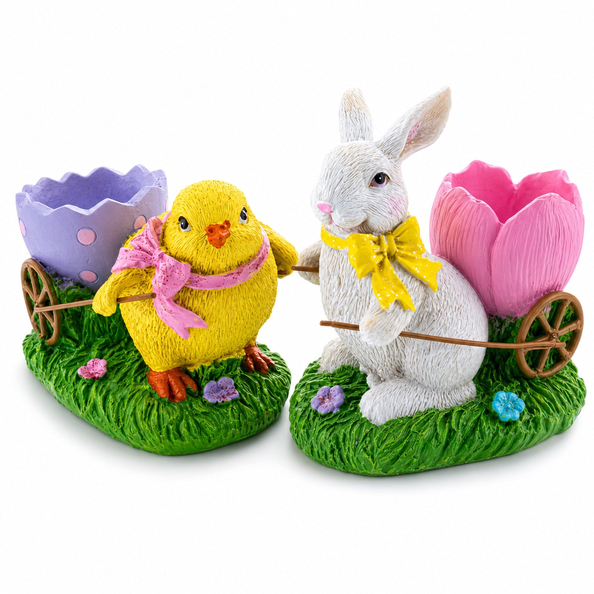 Set of 2 Easter Bunny and Chick Figurine Set - 5" Spring Egg Holder Decor