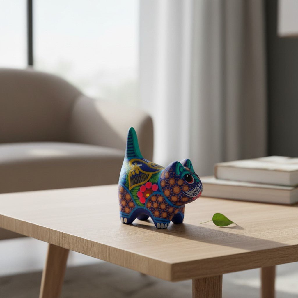 Alebrije Cat Figurine | Hand-Painted Ceramic Artwork Talavera Figurine La Vie Bien Alebrije Cat Figurine | Hand-Painted Ceramic Artwork