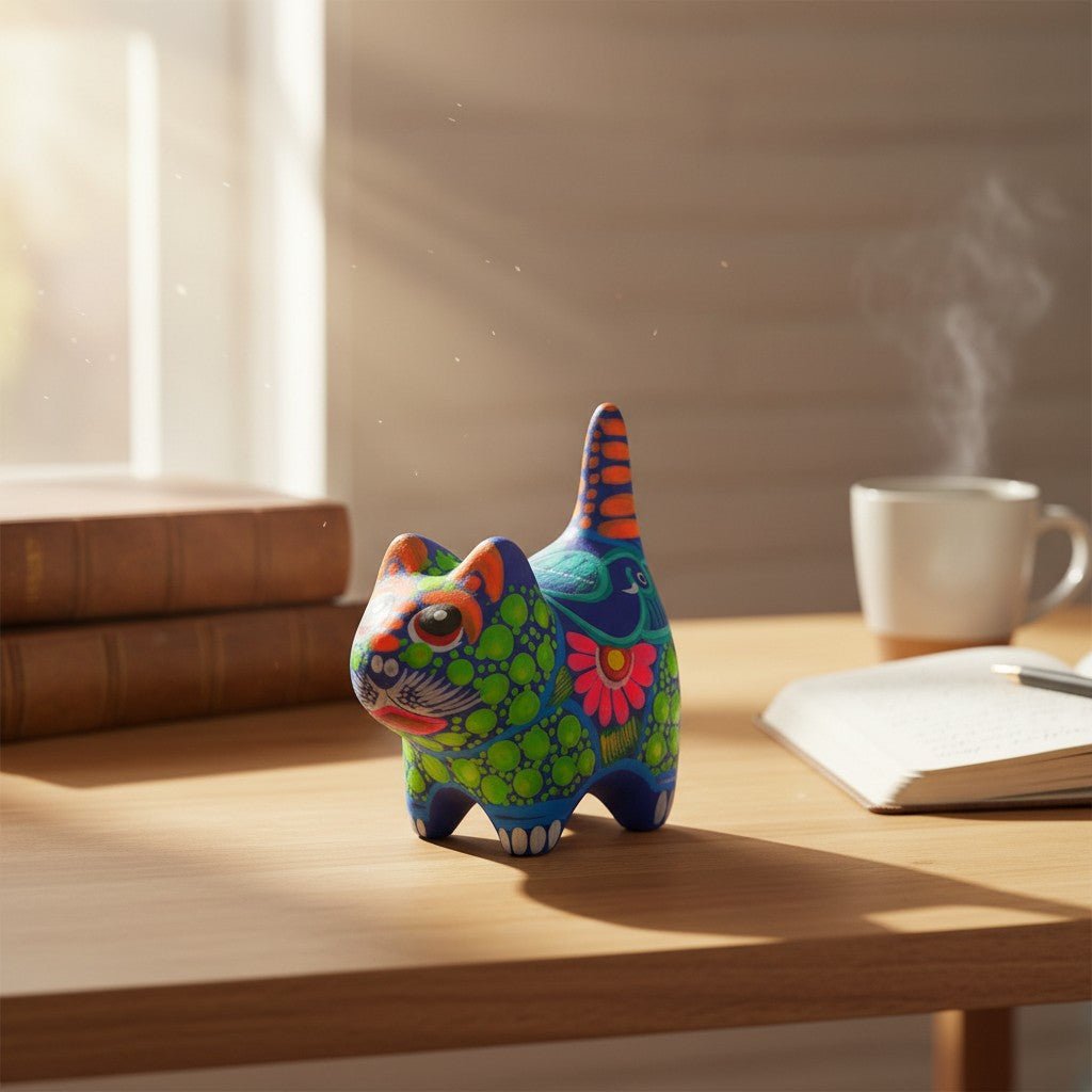 Alebrije Cat Figurine | Hand-Painted Ceramic Artwork Talavera Figurine La Vie Bien Alebrije Cat Figurine | Hand-Painted Ceramic Artwork
