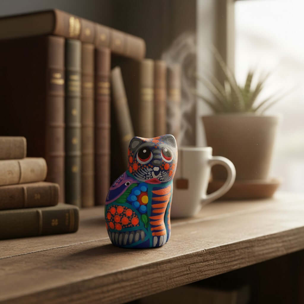 Alebrije Cat Figurine | Hand-Painted Mexican Folk Art Talavera Figurine La Vie Bien Alebrije Cat Figurine | Hand-Painted Mexican Folk Art