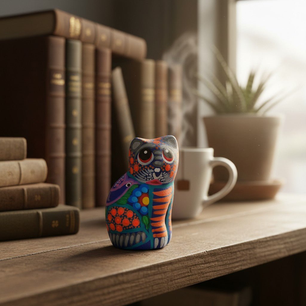 Alebrije Cat Figurine | Hand-Painted Mexican Folk Art Talavera Figurine La Vie Bien Alebrije Cat Figurine | Hand-Painted Mexican Folk Art