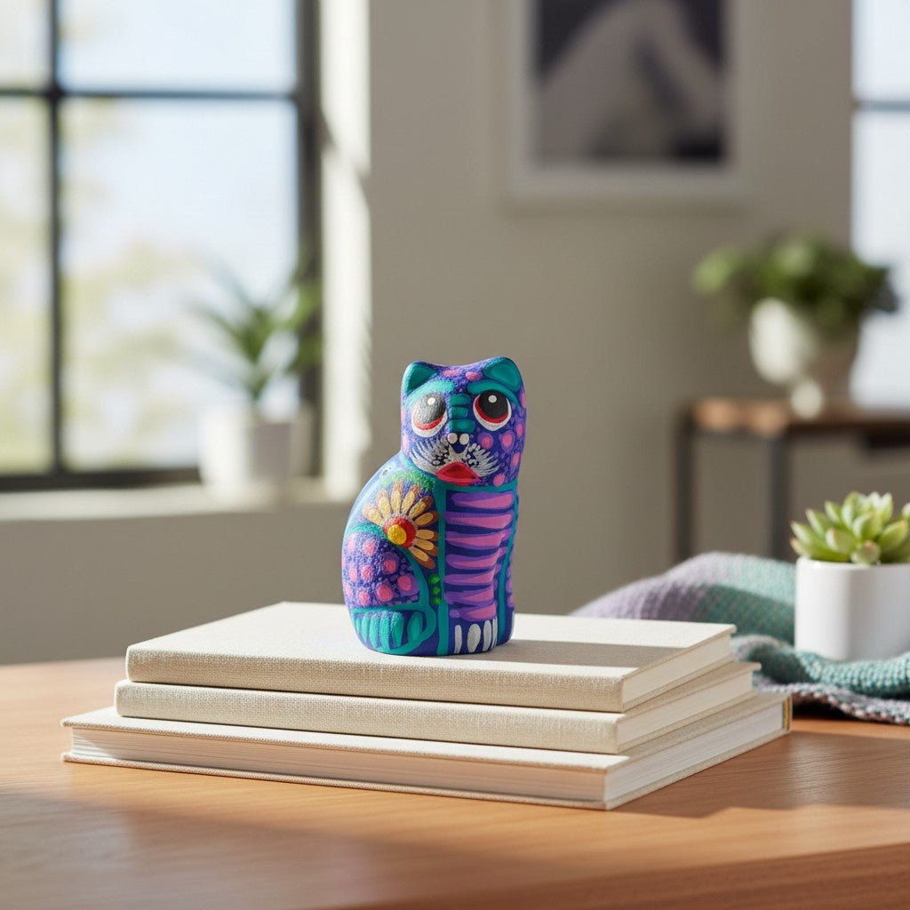 Alebrije Cat Figurine | Hand-Painted Mexican Folk Art Talavera Figurine La Vie Bien Alebrije Cat Figurine | Hand-Painted Mexican Folk Art