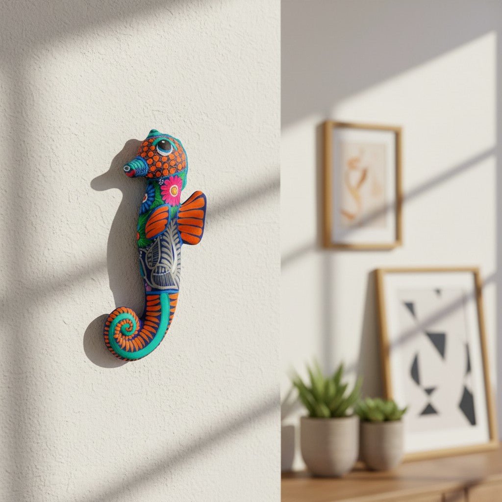 Alebrije Seahorse Figurine | Vibrant Ocean Wall Art Talavera Figurine La Vie Bien Alebrije Seahorse Figurine | Vibrant Ocean Wall Art