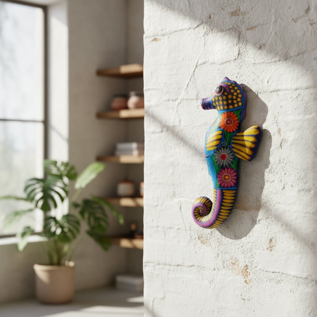 Alebrije Seahorse Figurine | Vibrant Ocean Wall Art Talavera Figurine La Vie Bien Alebrije Seahorse Figurine | Vibrant Ocean Wall Art