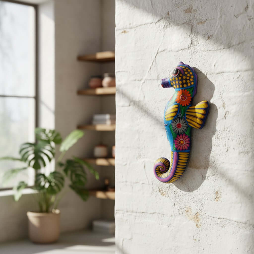 Alebrije Seahorse Figurine | Vibrant Ocean Wall Art Talavera Figurine La Vie Bien Alebrije Seahorse Figurine | Vibrant Ocean Wall Art