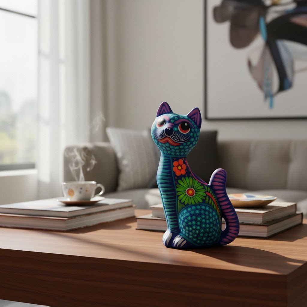 Alebrije Sitting Cat Statue | Hand-Painted Artwork Talavera Statue La Vie Bien Alebrije Sitting Cat Statue | Hand-Painted Artwork