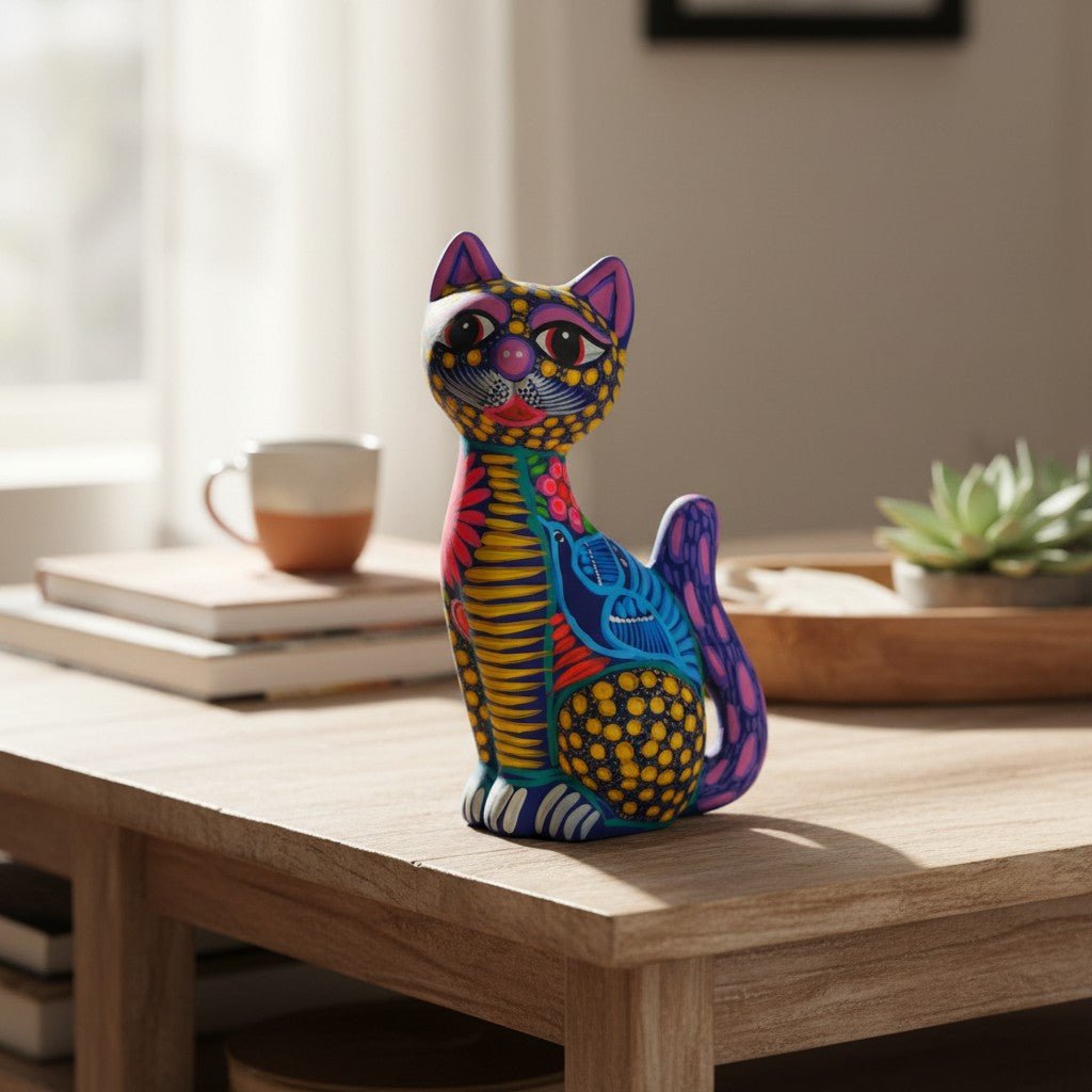 Alebrije Sitting Cat Statue | Hand-Painted Artwork Talavera Statue La Vie Bien Alebrije Sitting Cat Statue | Hand-Painted Artwork