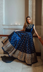 Alice Blue Gown with Velvet Hand Embroidered Torso and Banarasi Jacquard Bottom by Raas