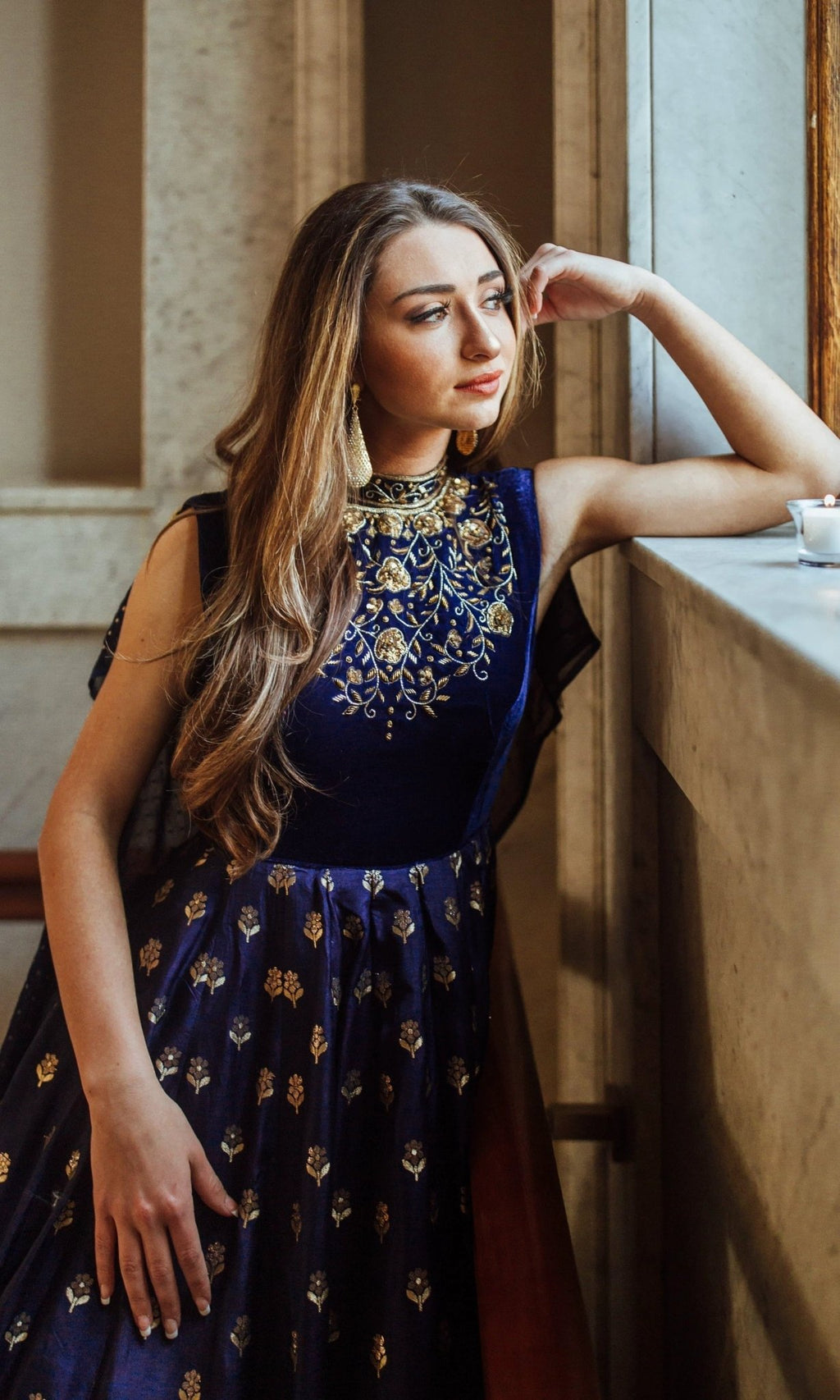 Alice Blue Gown with Velvet Hand Embroidered Torso and Banarasi Jacquard Bottom by Raas