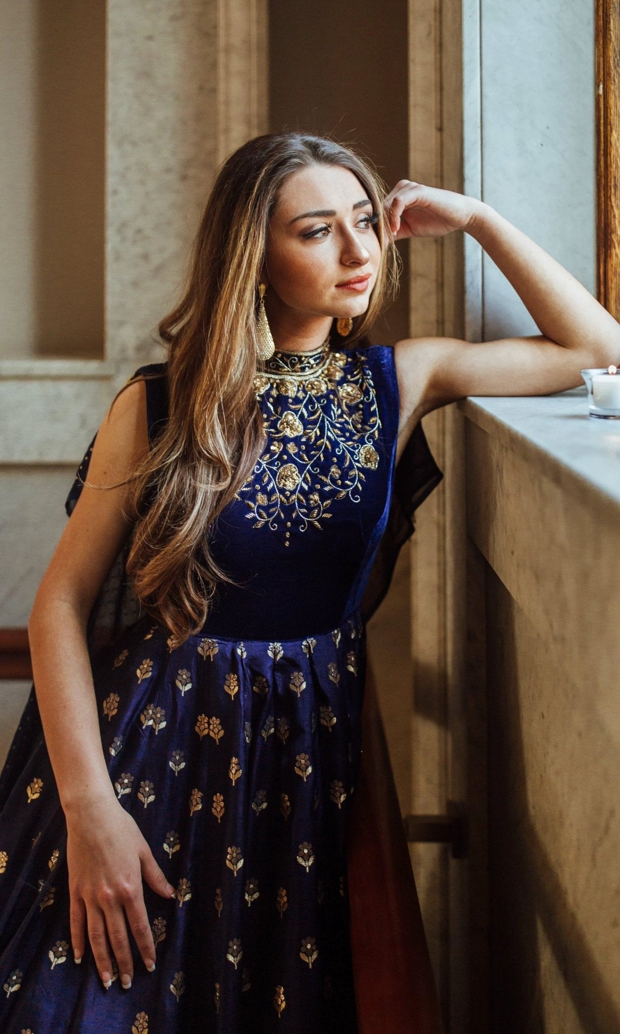 Alice Blue Gown with Velvet Hand Embroidered Torso and Banarasi Jacquard Bottom by Raas