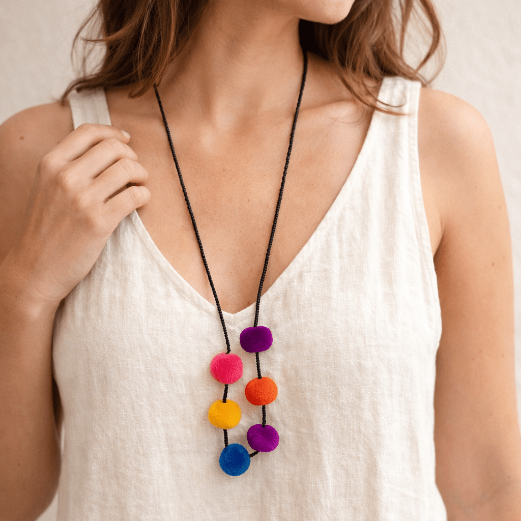 Alicia Bead & Pom Pom Necklace - Guatemala Jewelry La Vie Bien Alicia Bead & Pom Pom Necklace - Guatemala