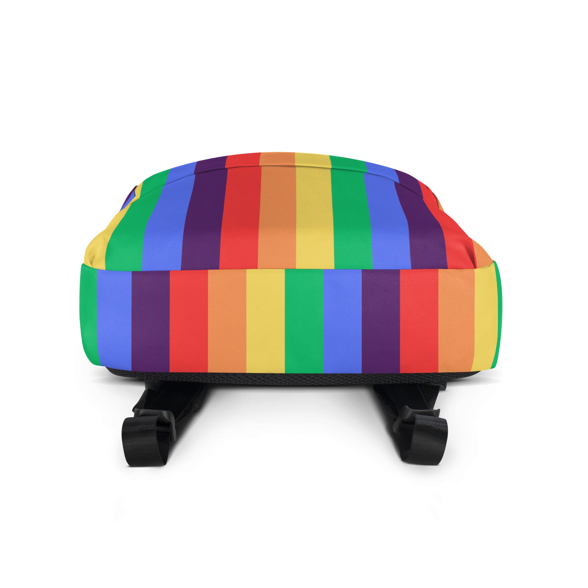 A polyester Rainbow striped Backpack with a front pocket