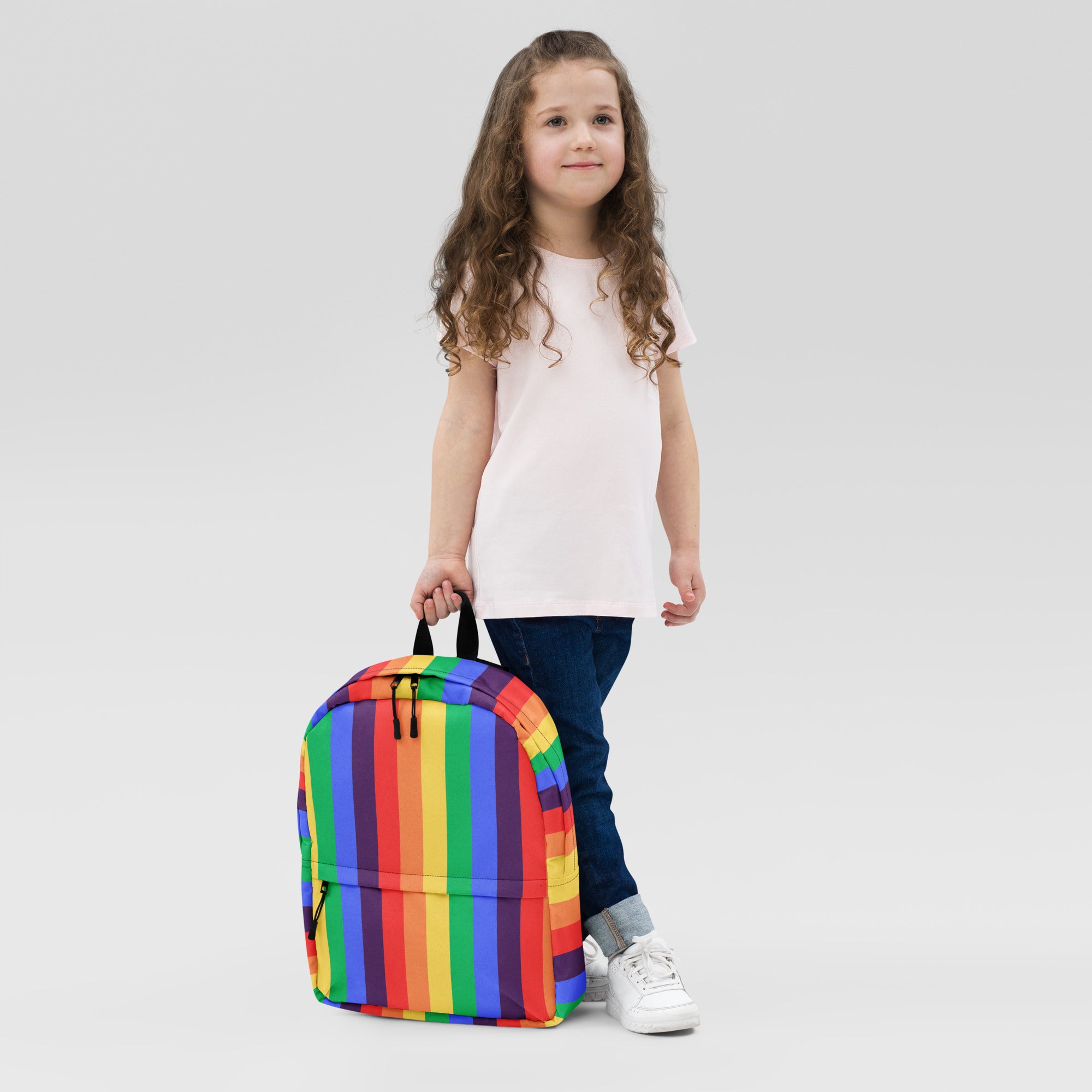 A polyester Rainbow striped Backpack with a front pocket