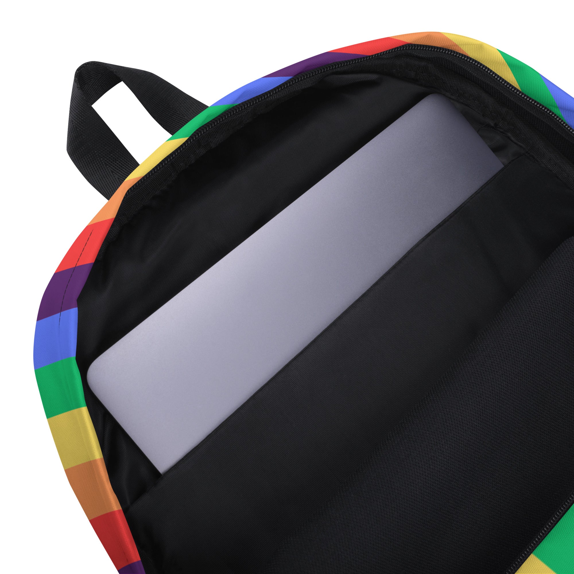 A polyester Rainbow striped Backpack with a front pocket