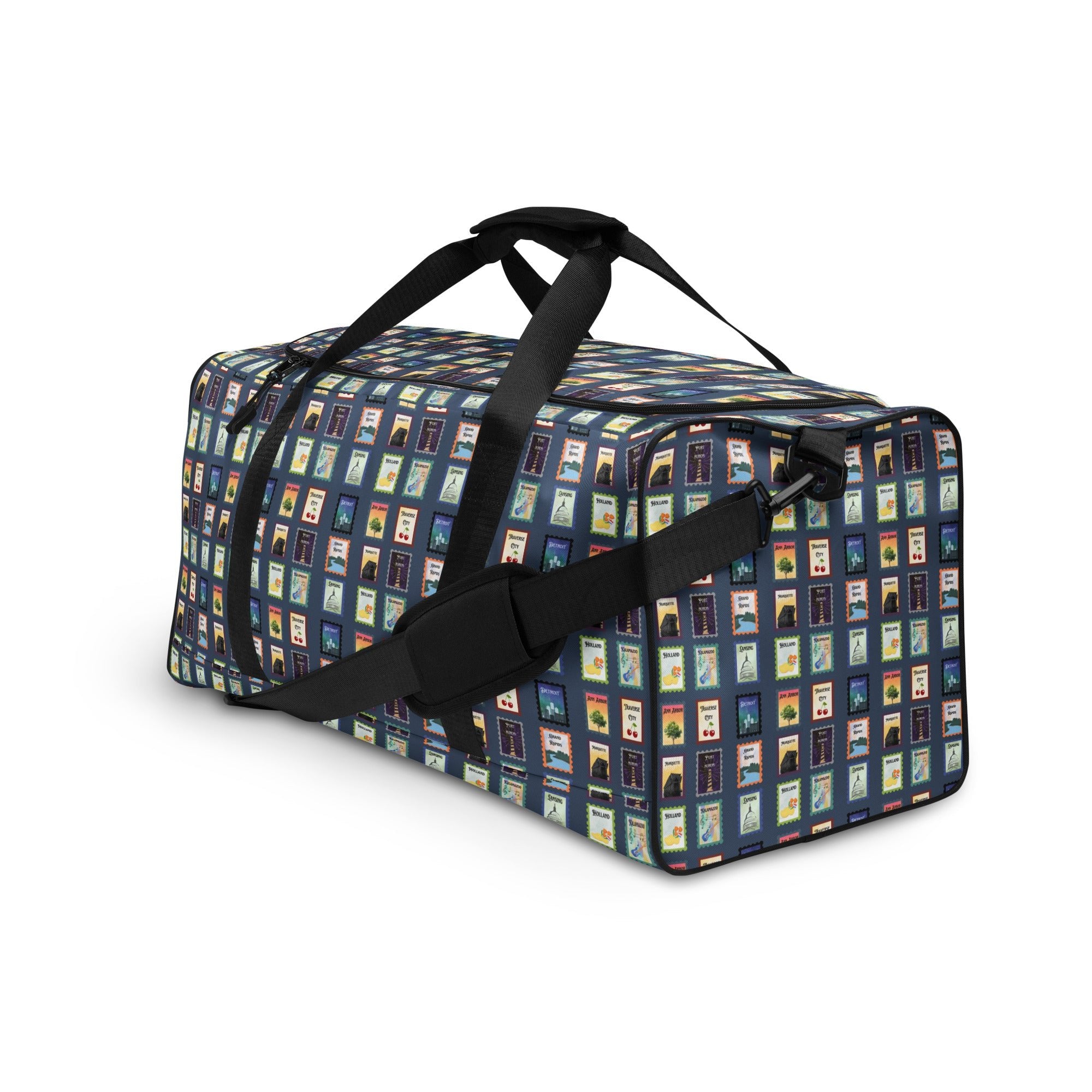 Michigan cities postage stamp Duffle bag
