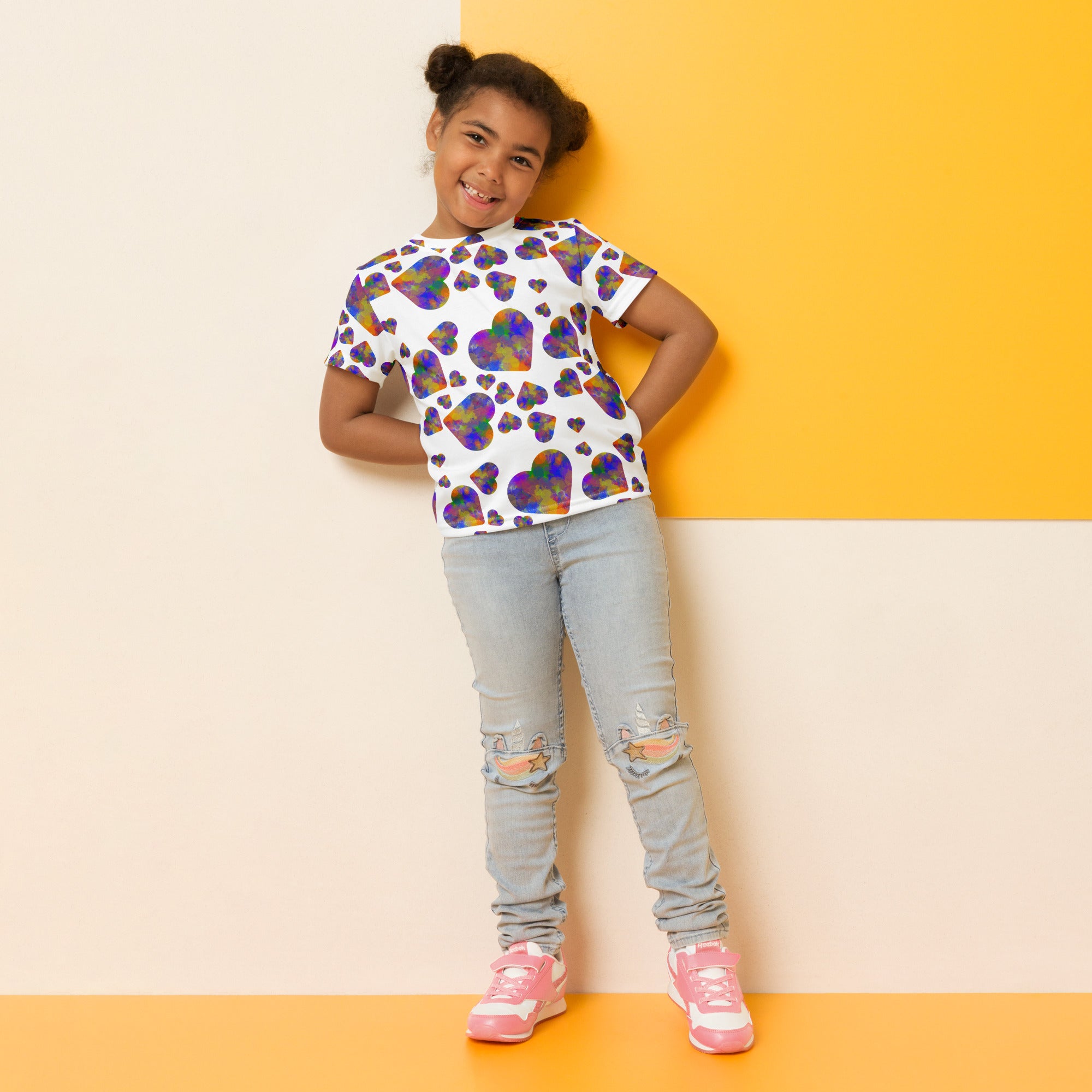 Kids rainbow color splash hearts crew neck t-shirt - La Vie Bien - Child hearts tee shirt - Childrens clothing