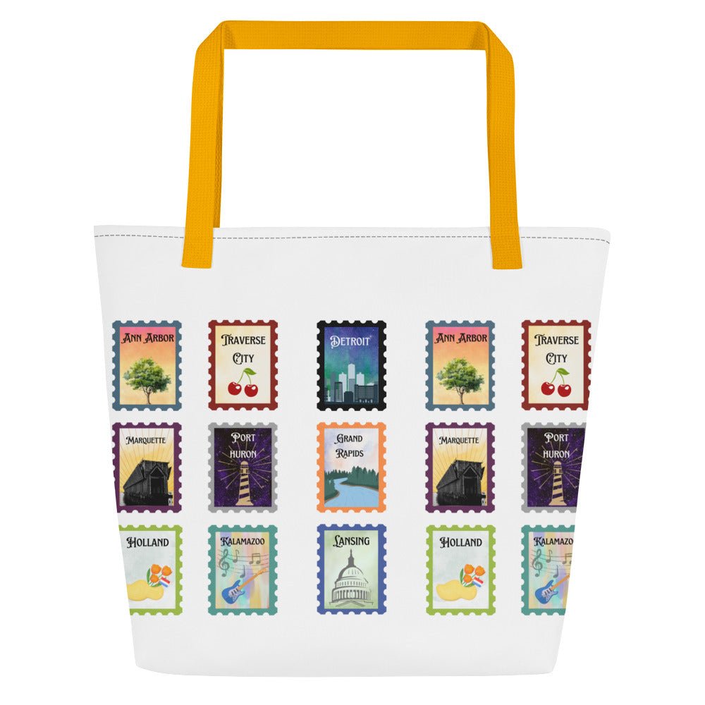 Michigan cities postage stamps Large Tote Bag